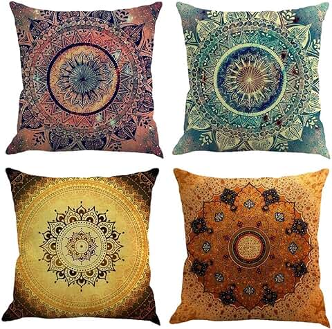 Gspirit 4 Pack Retro Mandala Bohemia Algodón Lino Throw Pillow Case Funda de Almohada para Cojín 45x45 cm  