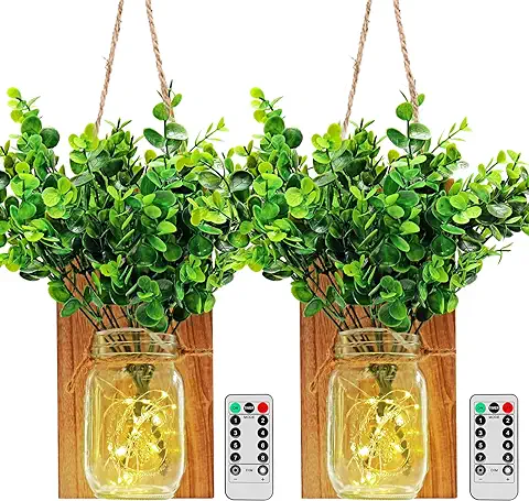 GuKKK Tarro de Masón Lámpara de Pared, Apliques Tarro de Masón con tira LED, 2 Unidades LED Lámpara de Decoración, Vaso Faros de Tarro con Control Remoto para Hogar Jardín Exterior Navidad Bodas (B)  