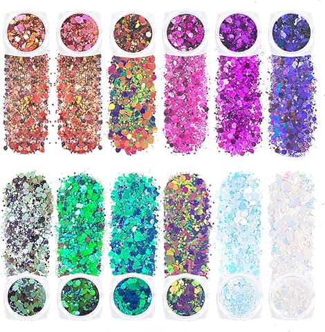 GWAWG Purpurina Facial de 12 Colores, Holográfica Cosmética para Festivales, Cosméticos para Cuerpo, Ojos, Cabello, Uñas y Pintura, arte de Bricolaje  