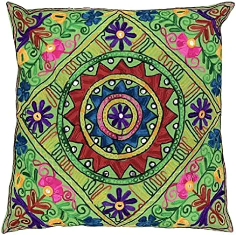 Hecho a mano 60x60 cm Fundas de Cojín Decorativas de Cachemira, Suzani Mandala de Algodón, con Lentejuelas Bordadas, Estilo boho para Decoración del Hogar, al aire Libre, Funda de 60x60 cm Vegana  