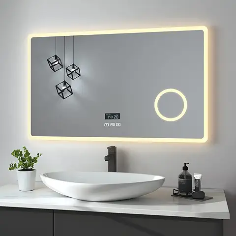 Heilmetz Espejo de Baño con Lupa 3X, Espejo Baño con luz LED, 100 x 60 cm, con Interruptor Táctil y Función Antivaho, Reloj y Bluetooth, Regulable, Tres Colores, Tipo13  