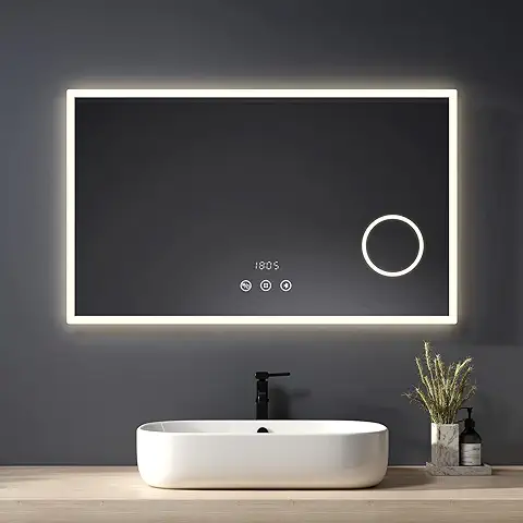 Heilmetz Espejo de Baño con luz led 100x60cm，Espejo de Pared Acrílico con Interruptor Táctil, Anti-vaho, Bluetooth, Espejo de 3 Aumentos y Reloj, Espejo de Baño con 4300k de luz Neutra  