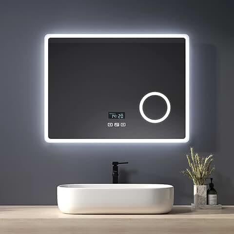 Heilmetz Espejo de Baño Iluminado por LED con Lupa 3X, 80 x 60 cm, con Interruptor Táctil y Función Antivaho, Reloj y Bluetooth, Regulable, Tres Colores, Tipo13  