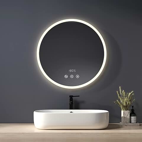 Heilmetz Espejo de Baño Redondo con luz, Diámetro 60 cm, Espejo de Baño Redondo con Interruptor Táctil + Antivaho + Bluetooth + Reloj, Espejo de Pared Redondo Multifuncional  