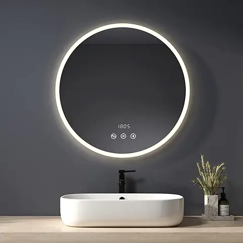 Heilmetz Espejo de Baño Redondo con luz, Diámetro 70 cm, Espejo de Baño Redondo con Interruptor Táctil + Antivaho + Bluetooth + Reloj, Espejo de Pared Redondo Multifuncional  