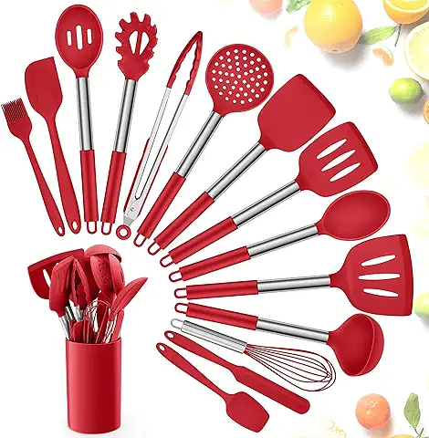 Herogo Batería de Cocina, 15 Piezas, Batería de Silicona con Soporte para Utensilios, Antiadherente y Resistente al Calor, Mango de Acero Inoxidable, apto para Lavavajillas, rojo  