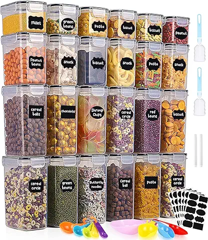 Heuchaey Juego de 24 Tarros con Tapa, caja de Almacenamiento de Cocina de Plástico con Pegatinas, Pincel y Cuchara, Recipientes para Cereales, Harina, Pasta, sin BPA  