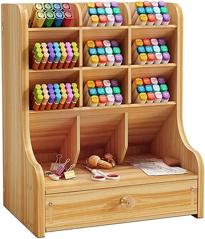 Hggzeg Organizador de Escritorio con Cajón de Madera, Multifuncional para Bolígrafos y Material de Papelería para la Oficina, el Hogar y la Escuela (JB11, Color Cerezo)  