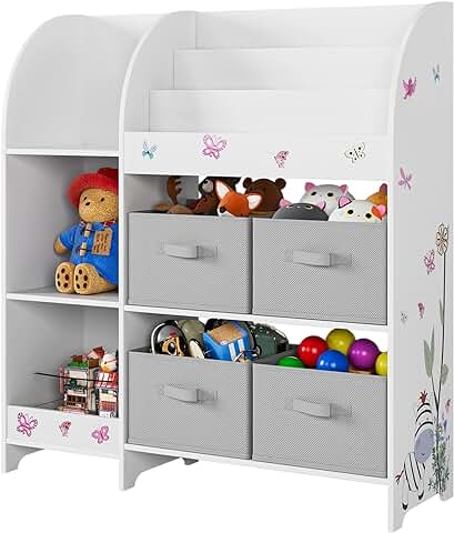 HOCSOK Estantería para Juguetes, Estanterias Almacenaje de Juguetes con 4 Cajones de Tela Extraíbles, Organizador de Juguetes y Libros para Niños, Blanco 92.2 x 100.2 x 30  