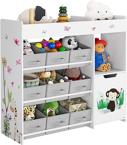 HOCSOK Estantería para Juguetes, Estanterias Almacenaje de Juguetes con 9 Cajones de Tela Extraíbles, Organizador Infantil, Blanco 90 x 80 x 29.5 cm  