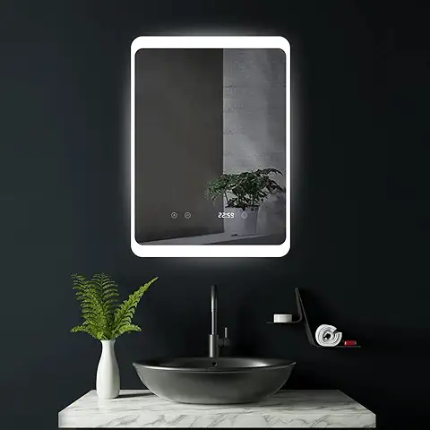 HOKO® Köln - Espejo de Baño con LED (50 x 70 cm, sin vaho y Reloj Digital), Diseño de Espejo de Pared para el Baño. Este Espejo con Iluminación se Puede Utilizar con Interruptor Táctil y con  