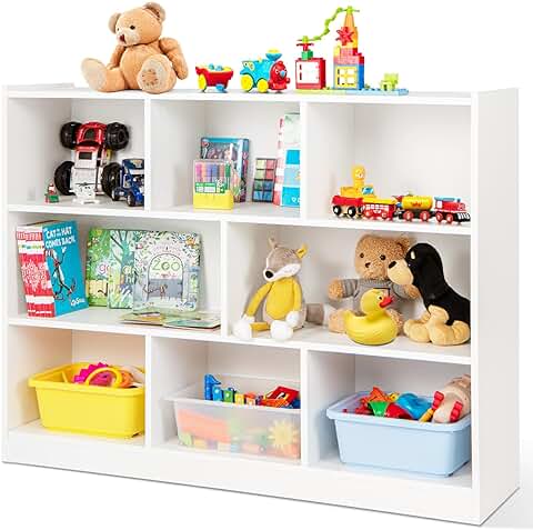 HOMASIS Estantería Infantil de 3 Niveles, Estantería Infantil de 8 Compartimentos, Organizador de Juegos de Madera, Mueble para Niños, Multiuso, para Libros, Juegos, 122 x 32 x 93 cm (Blanco)  