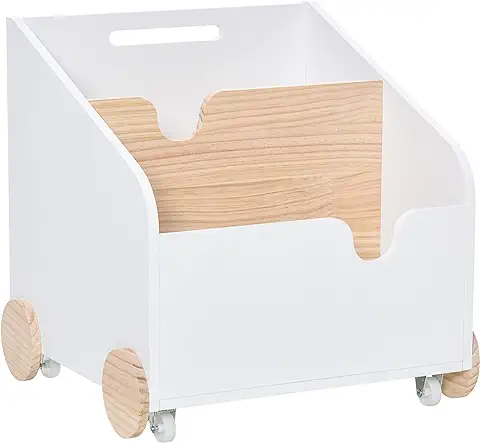 HOMCOM Caja de Almacenamiento de Madera para Juguetes 2 Secciones con Ruedas Asa Librería Infantil con Ruedas para Habitación de Niños 40x43x43 cm Blanco y Natural  