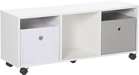 HOMCOM Estantería de Juguetes con 5 Ruedas Organizador de Juguetes de Madera con 3 Cubos de Almacenamiento y 2 Cajones de Tela Extraíbles Mueble Infantil 90x30x37,9 cm Blanco  