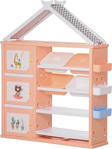 HOMCOM Estantería Infantil de Juguetes con Armario Estantes 4 Cajas y 3 Cestas Organizador de Almacenaje para Habitación de Niños Sala Juegos 128x34x155 cm Naranja Pastel  