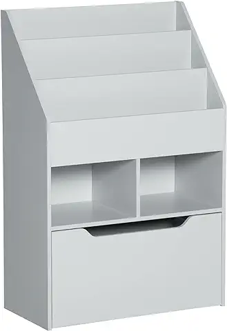 HOMCOM Estantería Infantil de Madera con 3 Compartimentos 2 Cubos y Cajón Móvil con 4 Ruedas Librería Infantil para Habitación de Niños Sala de Juegos 60x29,9x90 cm Gris  