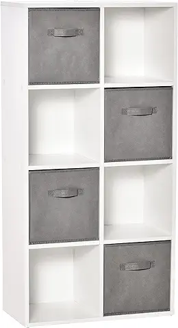 HOMCOM Estantería para Libros de 8 Cubos Librería Modular con 4 Cajones Extraíbles de Tela no Tejida para Oficina Estudio Dormitorio 61,5x30x121,6 cm Blanco y Gris  