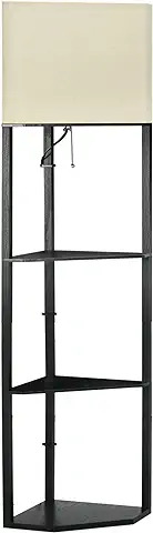 HOMCOM Lámpara de Pie con Estantes Casquillo E27 40W Lámpara de Pie de Madera con Pantalla de Tela e Interruptor para Salón Dormitorio Oficina 50x37x159 cm Negro y Beige  