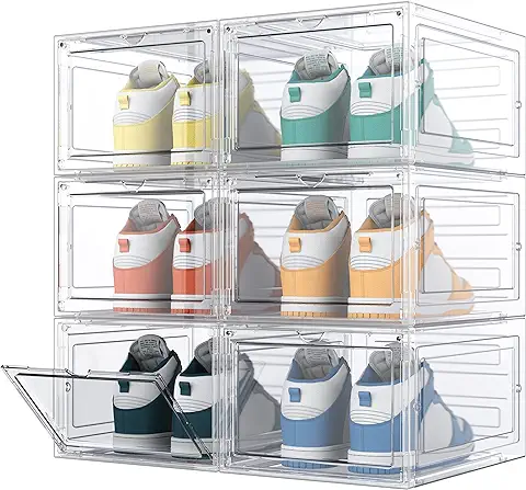 HOMIDEC 6 Cajas de Zapatos, Cajas de Almacenamiento de Zapatos de Plástico Transparente Apilables, Contenedores Organizadores de Zapatos con Tapas para Mujeres/hombres, 34,5 x 27 x 19 cm  