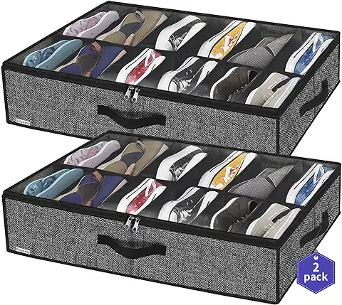 Homyfort Juego de 2 Organizador de Zapatos Debajo de la Cama - Titular, Bolsas con Tapa Transparente 12 Pares x 2 Caja Plegable de Almacenaje, Negro Lino, XAUBSB2P  