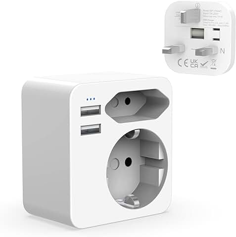 Hoppac Adaptador Enchufe Europeo y Schuko a Reino Unido con 2 USB 2.4A, Adaptador Enchufe EspañOl a Ingles para Irlanda, Inglaterra, Tipo G  