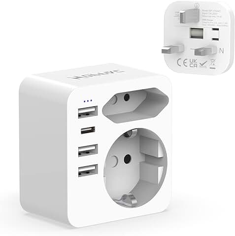 Hoppac Adaptador Enchufe UK,6 in 1 Adaptador Enchufe Ingles a EspañOl Con 3 USB y 1USB C 3.4A,Adaptador Enchufe Reino Unido Con Enchufe Europeo y Schuko,Adaptador Tipo G Para Irlanda, Inglaterra,DubáI  