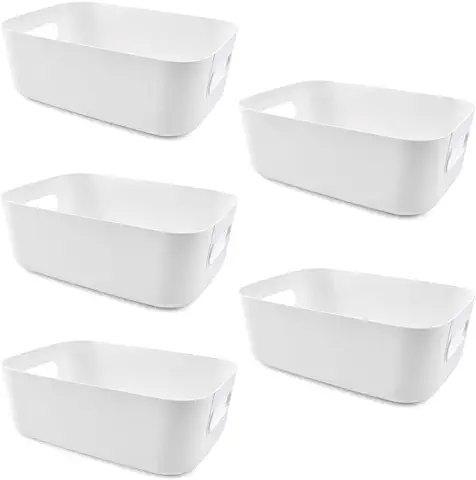 HUMOKI Caja Organizadora Plastico, 5 pcs Cesta Plastico, Organizador Cesta Blanco, Organizador Despensa Cocina, Cestas Organizadoras Baño,cajas Almacenaje Cocina, para Estante de Cocina, Baño, Armario  