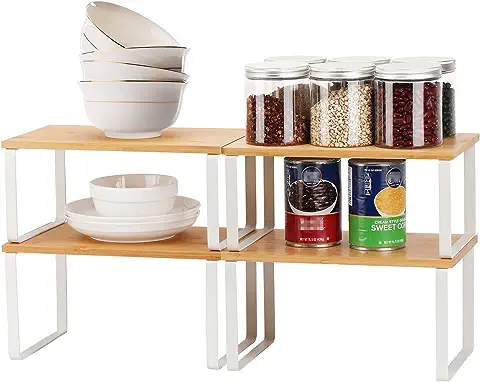 Iarack Organizador de Estantes de Armario de Bambú en Paquete de 4 - Estante de Almacenamiento Expandible y Apilable para Armarios, Cocina, Baño y Salón - Blanco  