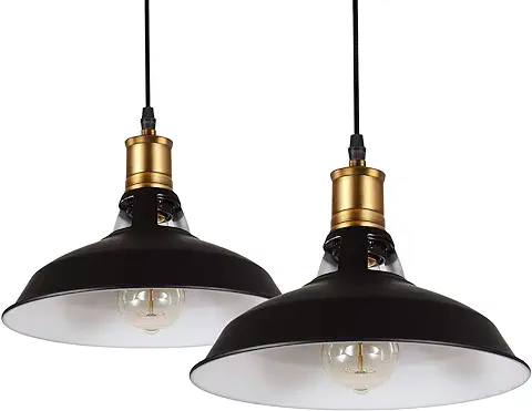 IDEGU 2 Piezas Lámparas Colgantes Vintage Lámpara de Techo Industrial Iluminación E27 Retro Luz Colgante para Cocina, Salón, Dormitorio, Comedor, Pasillo, Restaurante - 27CM (Negro, Interior Blanco)  