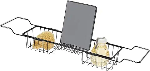 IDesign Bandeja Organizadora para Bañera, Estante Extensible de Metal para Libros, Móvil, Tableta y Mucho Más, Bandeja de Baño Antideslizante con 2 Compartimentos, Negro Mate  