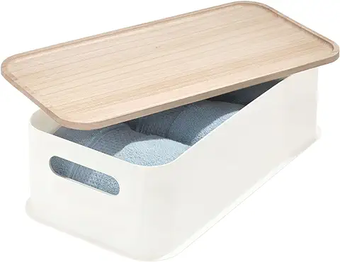 IDesign Caja Organizadora con Asas, Cesta Organizadora Mediana de Plástico Reciclado y sin BPA, caja con Tapa de Madera de Paulownia, Blanco  