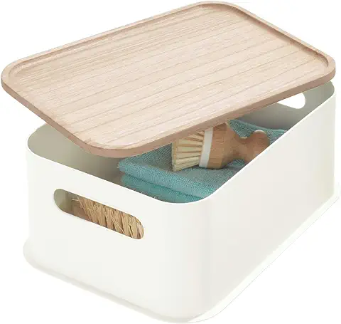 IDesign Caja Organizadora con Asas, Cesta Organizadora Mediana de Plástico Reciclado y sin BPA, caja con Tapa de Madera de Paulownia, Blanco  