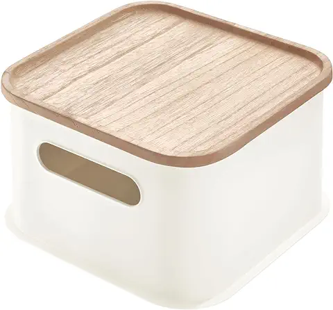 IDesign Caja Organizadora con Asas, Cesta Organizadora Mediana de Plástico Reciclado y sin BPA, caja con Tapa de Madera de Paulownia, Blanco  