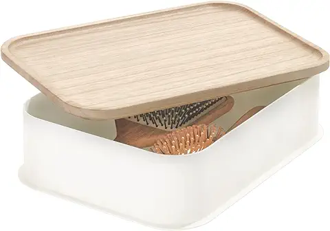 IDesign Caja Organizadora para Cajones, Cesta Organizadora Mediana para Estanterías, de Plástico Reciclado sin BPA, caja con tapa de Madera de Paulownia, Blanco  