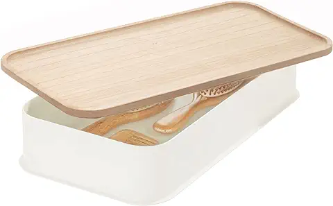 IDesign Caja Organizadora para Cajones, Cesta Organizadora Mediana para Estanterías, de Plástico Reciclado sin BPA, caja con tapa de Madera de Paulownia, Blanco  