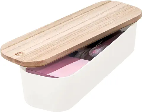 IDesign Caja Organizadora para Cajones, Cesta Organizadora para Estanterías, Compacta y de Plástico Reciclado sin BPA, caja con tapa de Madera de Paulownia, Blanco  