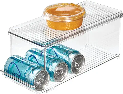 IDesign Caja Organizadora para Frigorífico con Tapa, Organizador de Nevera de Plástico para 9 Latas de Bebidas, Organizador de Cocina para Conservas, Transparente  