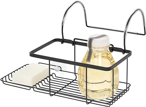 IDesign Cesta de Baño, Pequeño Estante para Colgar de la Bañera Hecho de Metal, Bandeja Organizadora sin Taladro para Jabón, Cosméticos, Libros, Tableta o Móvil, Negro Mate  