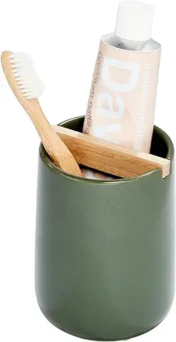 IDesign Eco Vanity Vaso Pasta, Porta Cepillo de Dientes de Cerámica con Separador de Madera de Paulownia, Organizador de Maquillaje para el Baño, Verde, 8,3 x 8,3 x 11,3 cm  