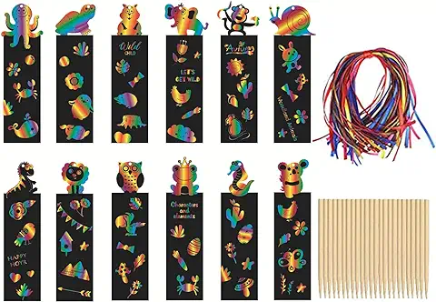 IJiGui 36 Piezas Marcadores Libros, Marcapáginas para Niños, Marcapáginas para Rascar, Papel de Rascar con Diseño Animales, con Lápices de Madera Cintas de Colores, 15 * 4CM  