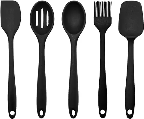 INNAL 5 Piezas Utensilios de Cocina de Silicona Contiene 2 Cuchara Silicona Cocina Cocina de Silicona para Cocinar, Hornear y Mezclar(Negro)  