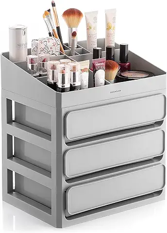 InnovaGoods® Organizador de Maquillaje con 3 Cajones, 9 Compartimentos, Bandeja Extraíble, Almacenamiento en Baño o Dormitorio, para Pintalabios, Paletas, Cremas, Set Expositor Maquillaje. Gris  