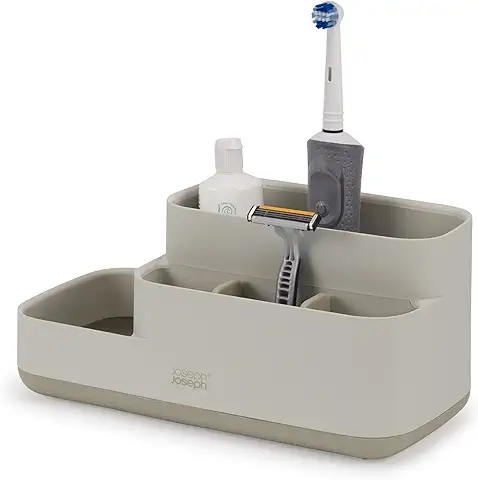 Joseph Joseph EasyStore Bandeja Organizador Accesorios de Baño y Soporte para Cepillo de Dientes, Fácil Almacenamiento, Desmotanble, Acabado Mate, Beige  