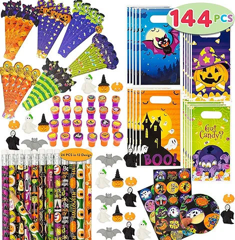 JOYIN 144 Piezas, 24 Unidades, Surtido de Artículos de Papelería Temática de Halloween, Incluye Lápices, Reglas, Pegatinas, Sellos y Borradores en Regalo para Niños Truco o Trato  