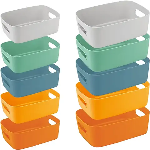 Juego de 10 Cestas Almacenaje de Plástico, Múltiples Colores Cajas Organizadoras de Plástico con Asas, Cesta de Ordenación para Cocina, Baño, Armario, Oficina (2 Talla)  