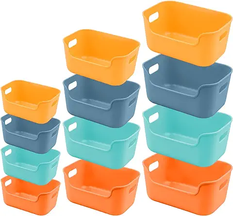 Juego de 12 Cestas Almacenaje de Plástico, Múltiples Colores Cajas Organizadoras de Plástico con Asas, Cesta de Ordenación para Cocina, Baño, Armario, Oficina (3 Talla)  