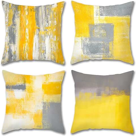 Juego de 4 Fundas Cojines Decorativos Pintura al Óleo Arte Contemporáneo 45x45 cm Decorativa Funda de Almohada Cojín Sauve Modernas para Cama Sofás Sala de Estar Dormitorio, Amarillo Mostaza y Gris  