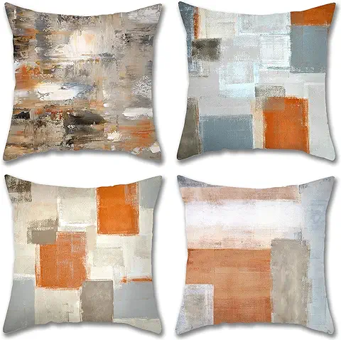 Juego de 4 Fundas Cojines Decorativos Pintura al Óleo Arte Contemporáneo 45x45 cm Decorativa Funda de Almohada Cojín Sauve Modernas para Cama Sofás Sala de Estar Dormitorio, Naranja y Gris Pizarra  