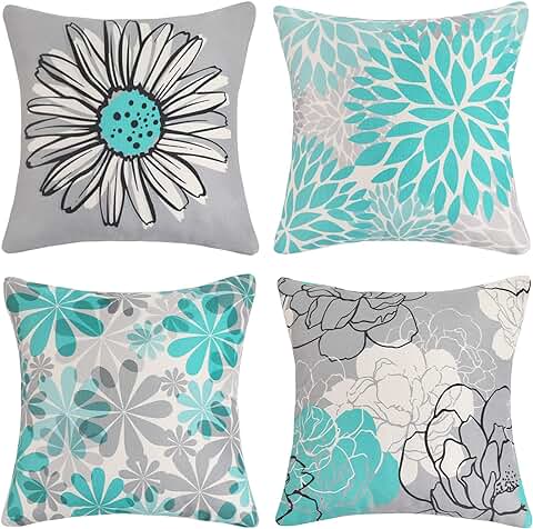 Juego de 4 Fundas de Almohada de 45 x 45 cm, Color Turquesa y Gris, Funda de Cojín Moderna, Margaritas, con Bonito Diseño Floral, Lino, Funda de Cojín Cuadrado Deco para Sofá, Salón, Dormitorio,  