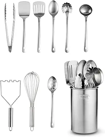 Juego de Utensilios de Cocina de Acero Inoxidable – 10 Piezas Premium Antiadherentes y Resistentes al Calor Gadgets de Cocina, Volteador, Tungsteno, Machacador de Patatas y Soporte para Utensilios  